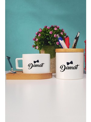 Hedizu Damat Hediye Ahşap Altlıklı Fincan ve Kalemlik