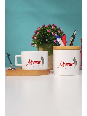 Hedizu Memur Hediye Ahşap Altlıklı Fincan ve Kalemlik