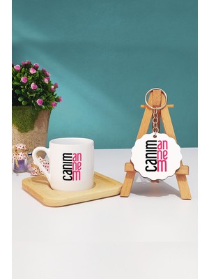 Hedizu Anneye Hediye Canım Annem Türk Kahvesi Fincanı Ahşap Altlıklı ve Anahtarlık
