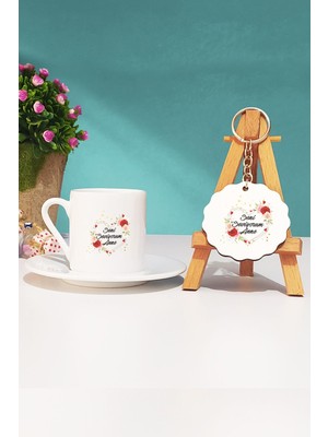 Hedizu Seni Seviyorum Anne Türk Kahvesi Fincanı Beyaz ve Anahtarlık