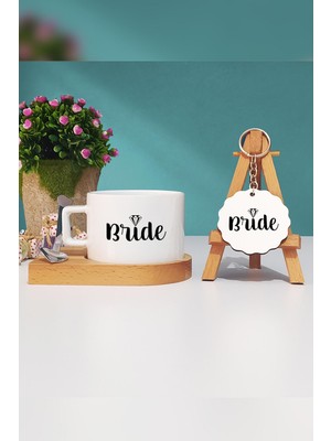 Hedizu Bride Gelin Hediye Ahşap Altlıklı Fincan ve Anahtarlık