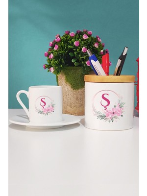 Hedizu Çiçekli Ş Harfli Türk Kahvesi Fincanı Beyaz ve Kalemlik