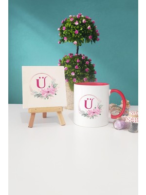 Hedizu Çiçekli Ü Harfli Kırmızı Kupa Bardak Dekoratif Taş