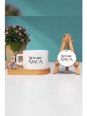 Hedizu  Iyi Ki Varsın Amca Amcaya Hediye Ahşap Altlıklı Fincan ve Anahtarlık