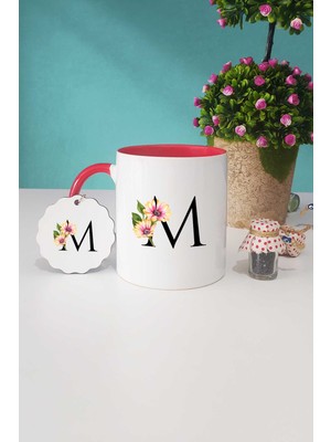 Hedizu Çiçekli M Harfli Kırmızı Kupa Bardak Anahtarlık