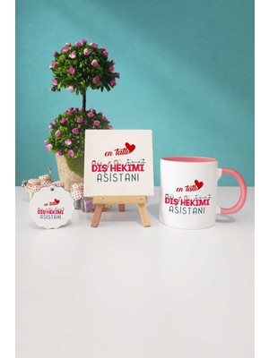 Hedizu En Tatlı Diş Hekimi Asistanı Pembe Kupa Bardak Dekoratif Taş Anahtarlık