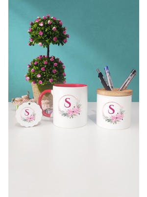 Hedizu  Çiçekli S Harfli Kırmızı Kupa Bardak Kalemlik Anahtarlık