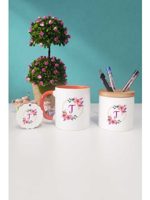 Hedizu Çiçekli T Harfli Turuncu Kupa Bardak Kalemlik Anahtarlık