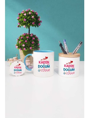 Hedizu En Tatlı Kadın Doğum Uzmanı Hediye Mavi Kupa Bardak Kalemlik Anahtarlık