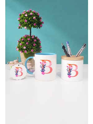 Hedizu Özel Tasarım B Harfli Mavi Kupa Bardak Kalemlik Anahtarlık