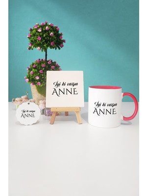 Hedizu Iyi Ki Varsın Anne Anneye Hediye Kırmızı Kupa Bardak Dekoratif Taş Anahtarlık