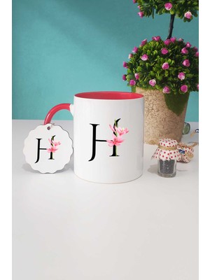 Hedizu Çiçekli H Harfli Kırmızı Kupa Bardak Anahtarlık