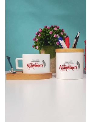 Hedizu Kütüphaneci Hediye Ahşap Altlıklı Fincan ve Kalemlik