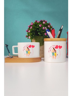 Hedizu  Sevgiliye Hediye Sevgililer Günü Hediyesi Ahşap Altlıklı Fincan ve Kalemlik