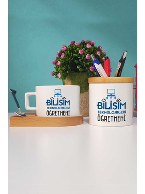 Hedizu Bilişim Teknolojileri Öğretmeni Ahşap Altlıklı Fincan ve Kalemlik