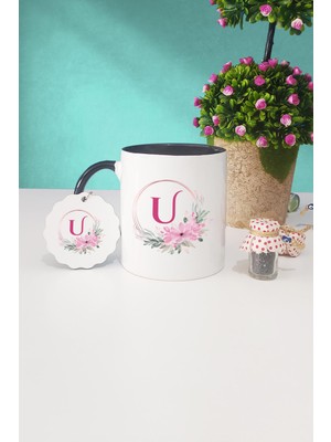 Hedizu Çiçekli U Harfli Siyah Kupa Bardak Anahtarlık