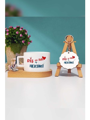 Hedizu En Tatlı Diş Hekimi Ahşap Altlıklı Fincan ve Anahtarlık