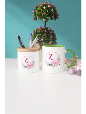 Hedizu Çiçekli Z Harfli Yeşil Kupa Bardak Kalemlik