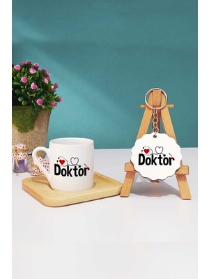 Hedizu Doktora Hediye Türk Kahvesi Fincanı Ahşap Altlıklı ve Anahtarlık