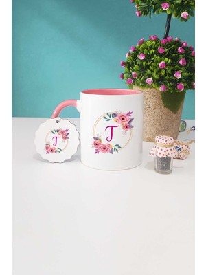 Hedizu Çiçekli T Harfli Pembe Kupa Bardak Anahtarlık