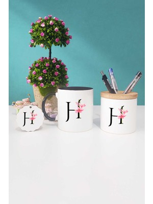 Hedizu Çiçekli H Harfli Siyah Kupa Bardak Kalemlik Anahtarlık