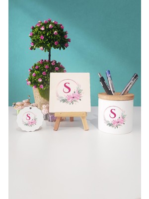 Hedizu  Çiçekli S Harfli Dekoratif Taş Anahtarlık Kalemlik