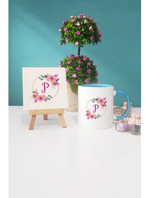 Hedizu Çiçekli P Harfli Mavi Kupa Bardak Dekoratif Taş