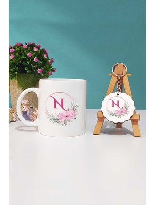 Hedizu Çiçekli N Harfli Kupa Bardak ve Anahtarlık
