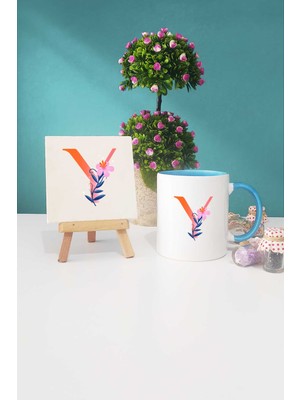 Hedizu Özel Tasarım Y Harfli Mavi Kupa Bardak Dekoratif Taş