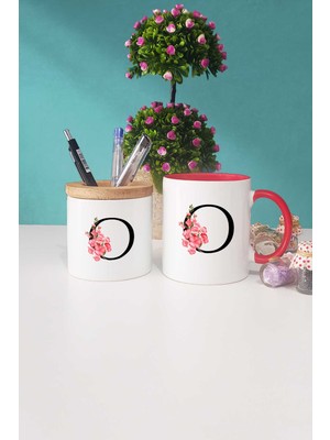 Hedizu Çiçekli O Harfli Kırmızı Kupa Bardak Kalemlik