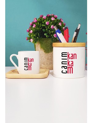 Hedizu Kankaya Hediye Canım Kankam Türk Kahvesi Fincanı Ahşap Altlıklı ve Kalemlik