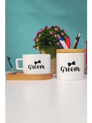 Hedizu Groom Damat Hediye Ahşap Altlıklı Fincan ve Kalemlik