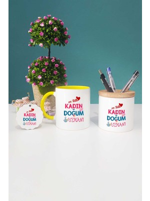 Hedizu En Tatlı Kadın Doğum Uzmanı Hediye Sarı Kupa Bardak Kalemlik Anahtarlık