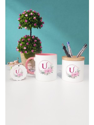 Hedizu Çiçekli U Harfli Pembe Kupa Bardak Kalemlik Anahtarlık