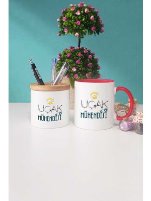 Hedizu Uçak Mühendisi Hediye Kırmızı Kupa Bardak Kalemlik