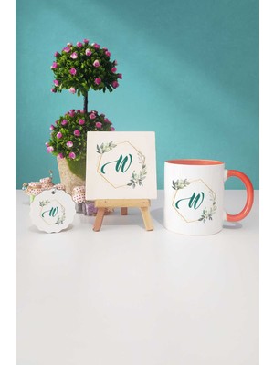 Hedizu Çiçekli W Harfli Turuncu Kupa Bardak Dekoratif Taş Anahtarlık