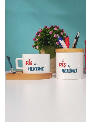 Hedizu Diş Hekimi Ahşap Altlıklı Fincan ve Kalemlik