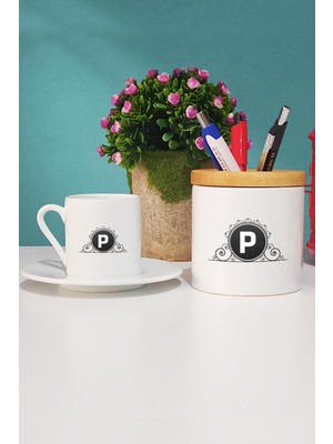 Hedizu P Harfli Türk Kahvesi Fincanı Beyaz ve Kalemlik