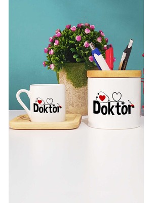 Hedizu Doktora Hediye Türk Kahvesi Fincanı Ahşap Altlıklı ve Kalemlik