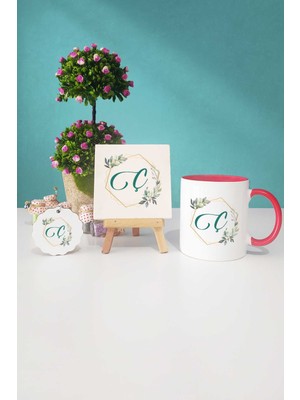 Hedizu Çiçekli Ç Harfli Kırmızı Kupa Bardak Dekoratif Taş Anahtarlık