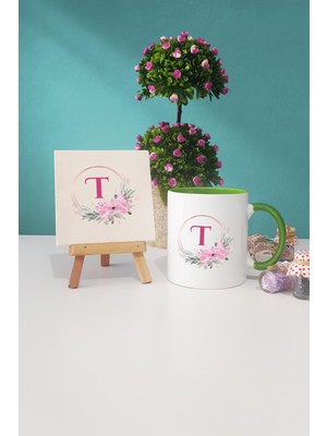 Hedizu Çiçekli T Harfli Yeşil Kupa Bardak Dekoratif Taş