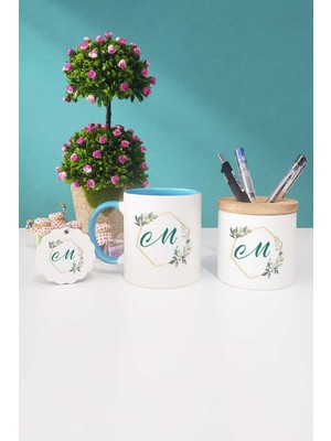 Hedizu Çiçekli M Harfli Mavi Kupa Bardak Kalemlik Anahtarlık