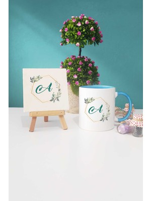 Hedizu Çiçekli A Harfli Mavi Kupa Bardak Dekoratif Taş