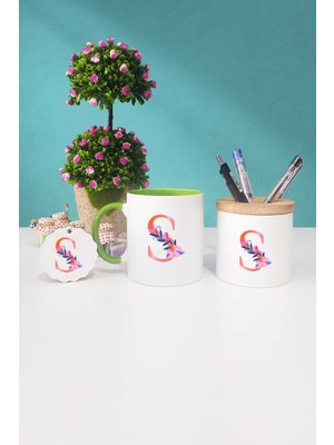 Hedizu Özel Tasarım S Harfli Yeşil Kupa Bardak Kalemlik Anahtarlık