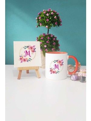 Hedizu Çiçekli M Harfli Turuncu Kupa Bardak Dekoratif Taş