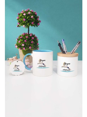 Hedizu Kadın Yüzme Antrenörü Hediye Mavi Kupa Bardak Kalemlik Anahtarlık