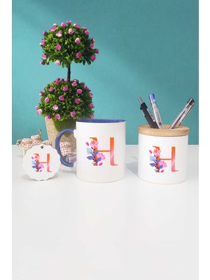 Hedizu Özel Tasarım H Harfli Lacivert Kupa Bardak Kalemlik Anahtarlık