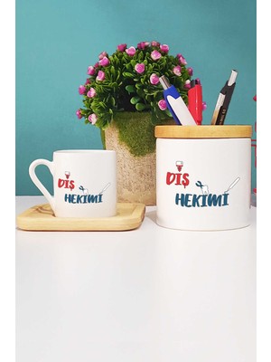 Hedizu Diş Hekimi Türk Kahvesi Fincanı Ahşap Altlıklı ve Kalemlik