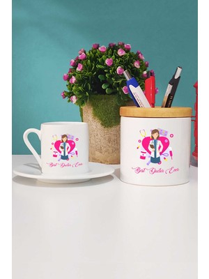 Hedizu Best Doctor Ever Kadın Doktora Hediye Türk Kahvesi Fincanı Beyaz ve Kalemlik