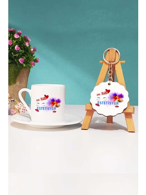 Hedizu En Tatlı Estetisyen Türk Kahvesi Fincanı Beyaz ve Anahtarlık